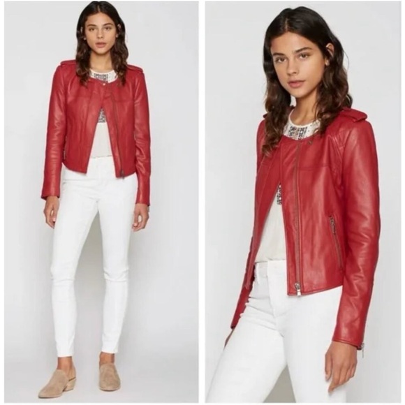 Joie Jacket Womens X Small Red Koali Lambskin Leather Biker Jacket - Picture 1 of 9